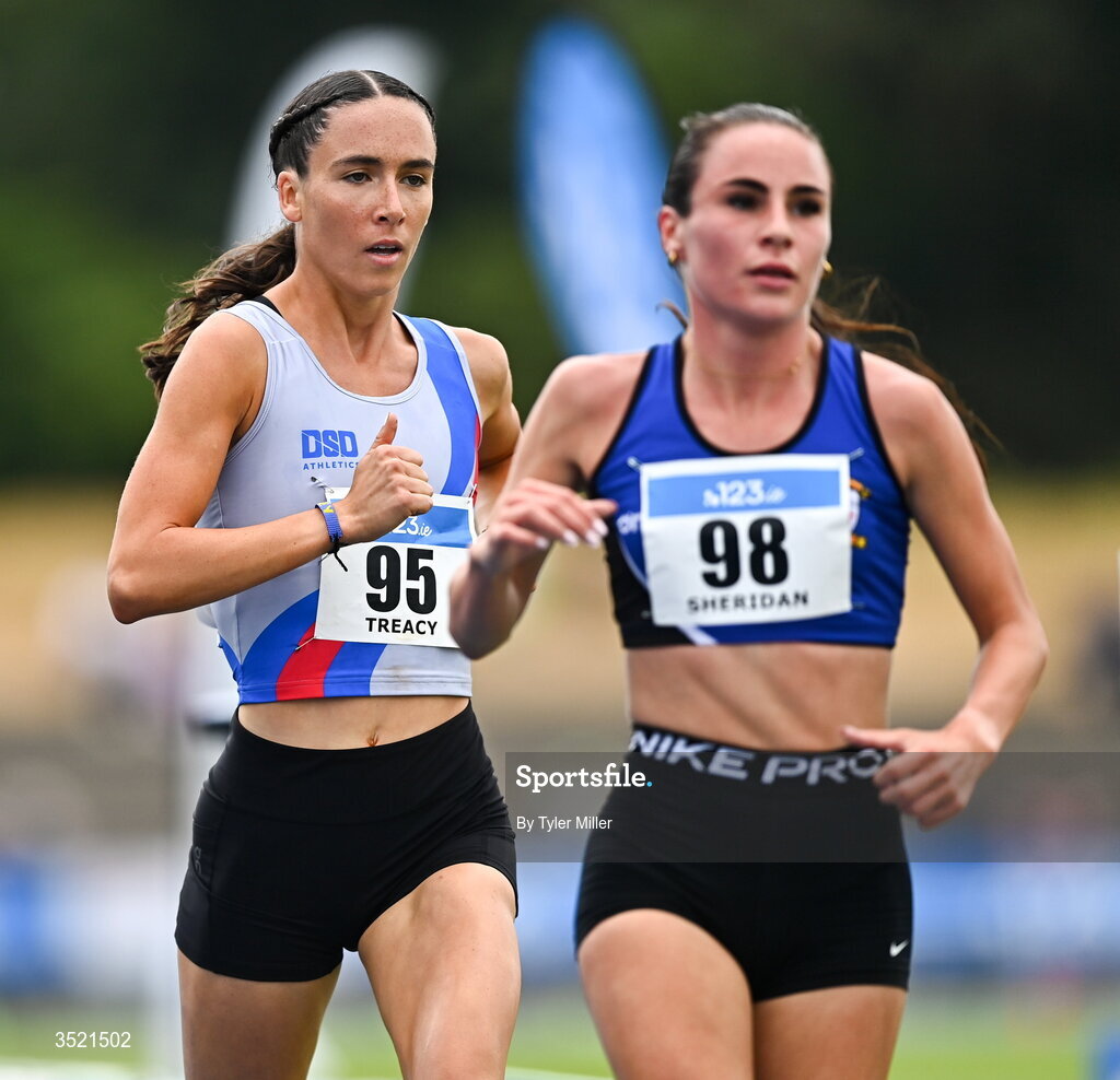 25 July 2026; Roisin Treacy of Dundrum South Dublin A.C., Dublin, left, and Abbie Sheridan of St. Peter's A.C., Louth, compete in the women's 3000m steeplechase final during day one of the 123.ie National Senior Track & Field Championships 2026 at Morton Stadium in Dublin. Photo by Tyler Miller/Sportsfile