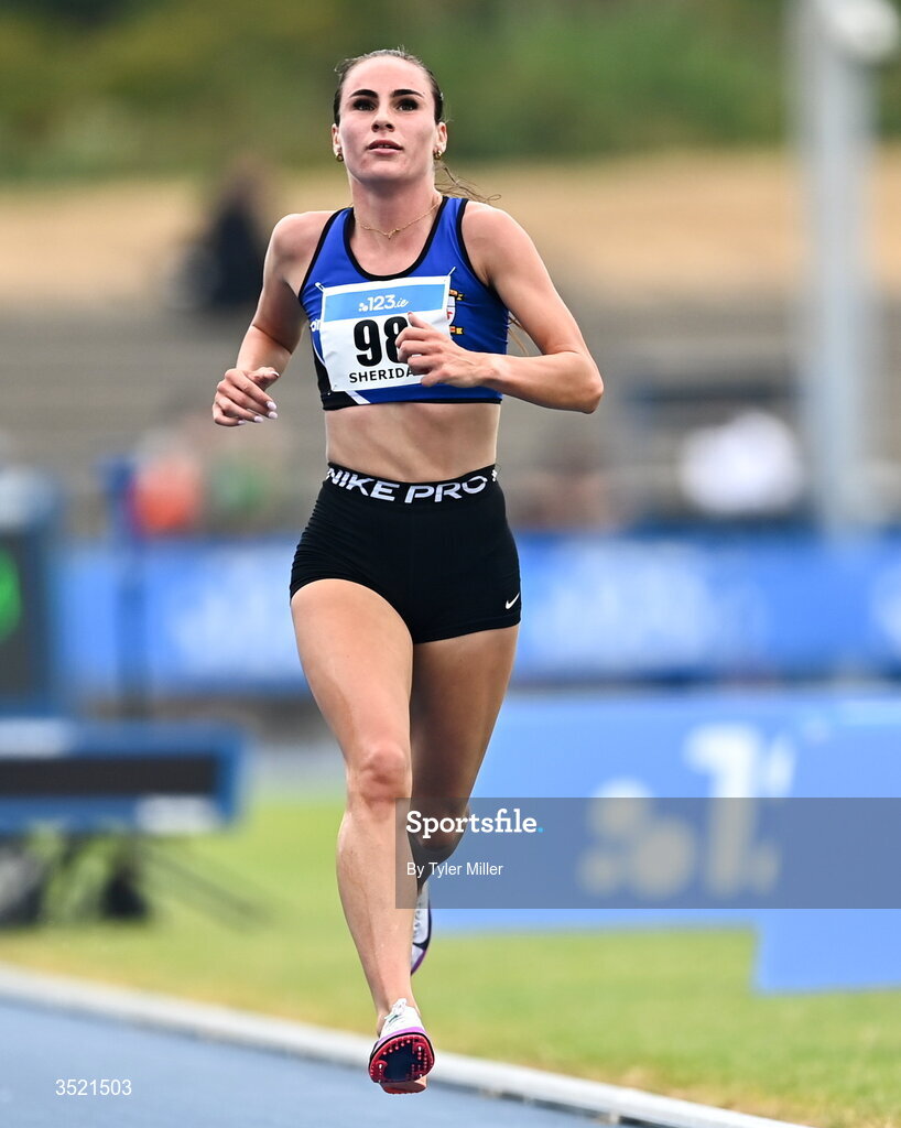 25 July 2026; Abbie Sheridan of St. Peter's A.C., Louth, competes in the women's 3000m steeplechase final during day one of the 123.ie National Senior Track & Field Championships 2026 at Morton Stadium in Dublin. Photo by Tyler Miller/Sportsfile