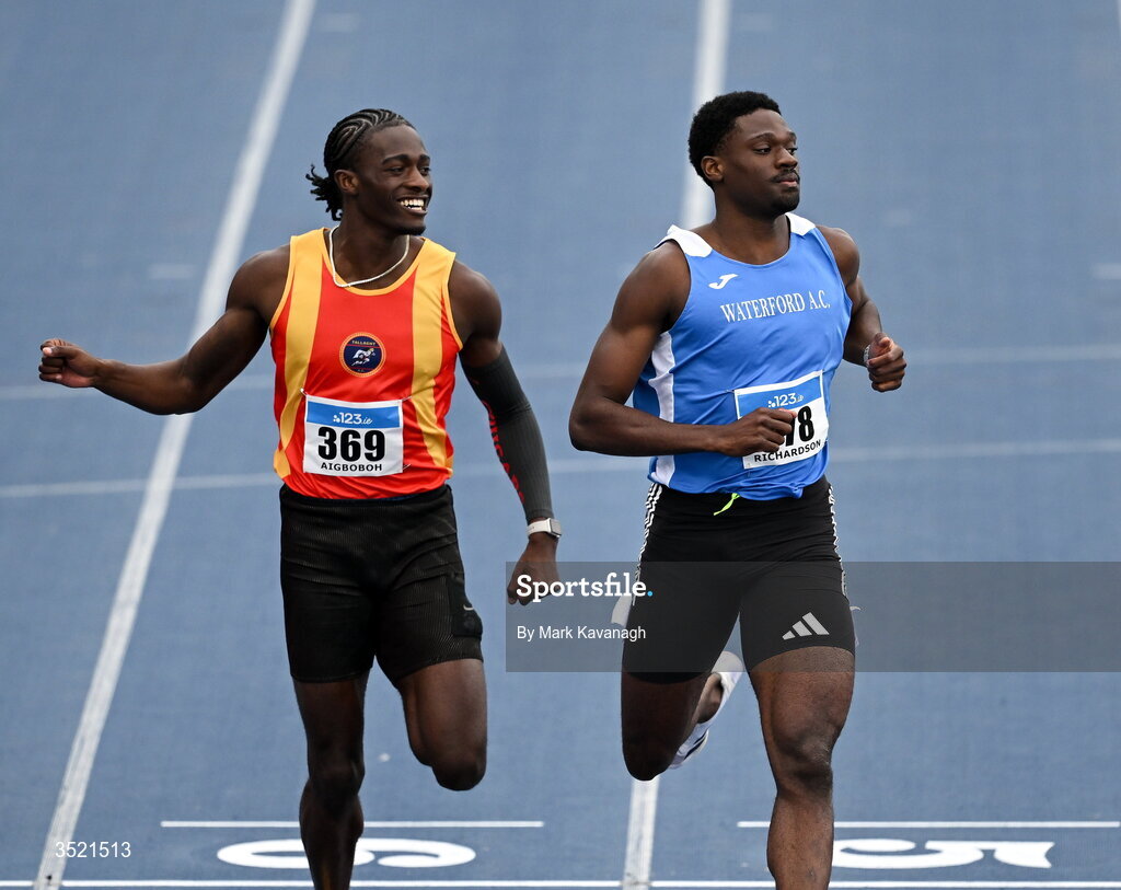 25 July 2026; Benjamin Richardson of Waterford A.C., right, takes gold over Sean Aigboboh of Tallaght A.C. in the 200m final during day one of the 123.ie National Senior Track & Field Championships 2026 at Morton Stadium in Dublin. Photo by Mark Kavanagh/Sportsfile