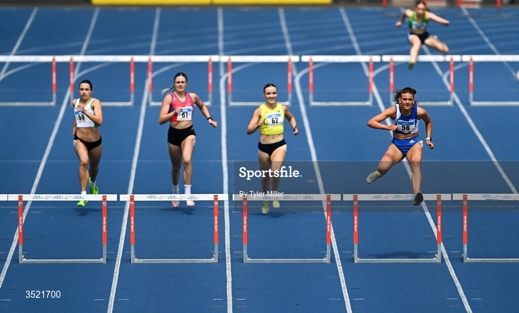 25 July 2026; Ellie Oldrey of Rathfarnham W.S.A.F. A.C, Dublin, right, competes in the women's 400m hurdles heats during day one of the 123.ie National Senior Track & Field Championships 2026 at Morton Stadium in Dublin. Photo by Tyler Miller/Sportsfile