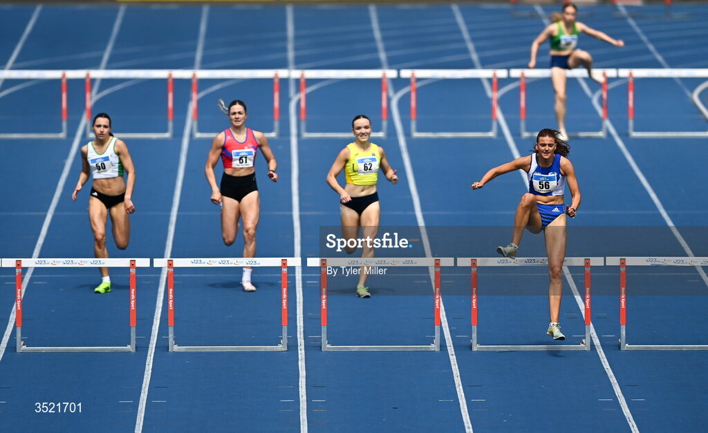 25 July 2026; Ellie Oldrey of Rathfarnham W.S.A.F. A.C, Dublin, right, competes in the women's 400m hurdles heats during day one of the 123.ie National Senior Track & Field Championships 2026 at Morton Stadium in Dublin. Photo by Tyler Miller/Sportsfile