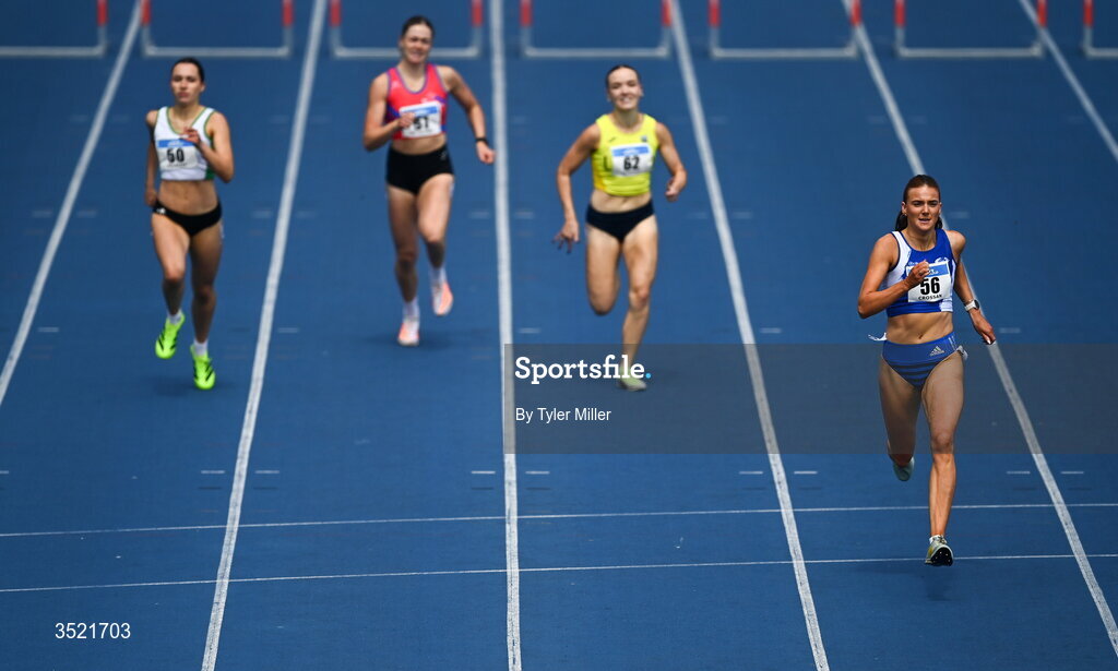 25 July 2026; Ellie Oldrey of Rathfarnham W.S.A.F. A.C, Dublin, right, on her way to winning in the women's 400m hurdles heats during day one of the 123.ie National Senior Track & Field Championships 2026 at Morton Stadium in Dublin. Photo by Tyler Miller/Sportsfile