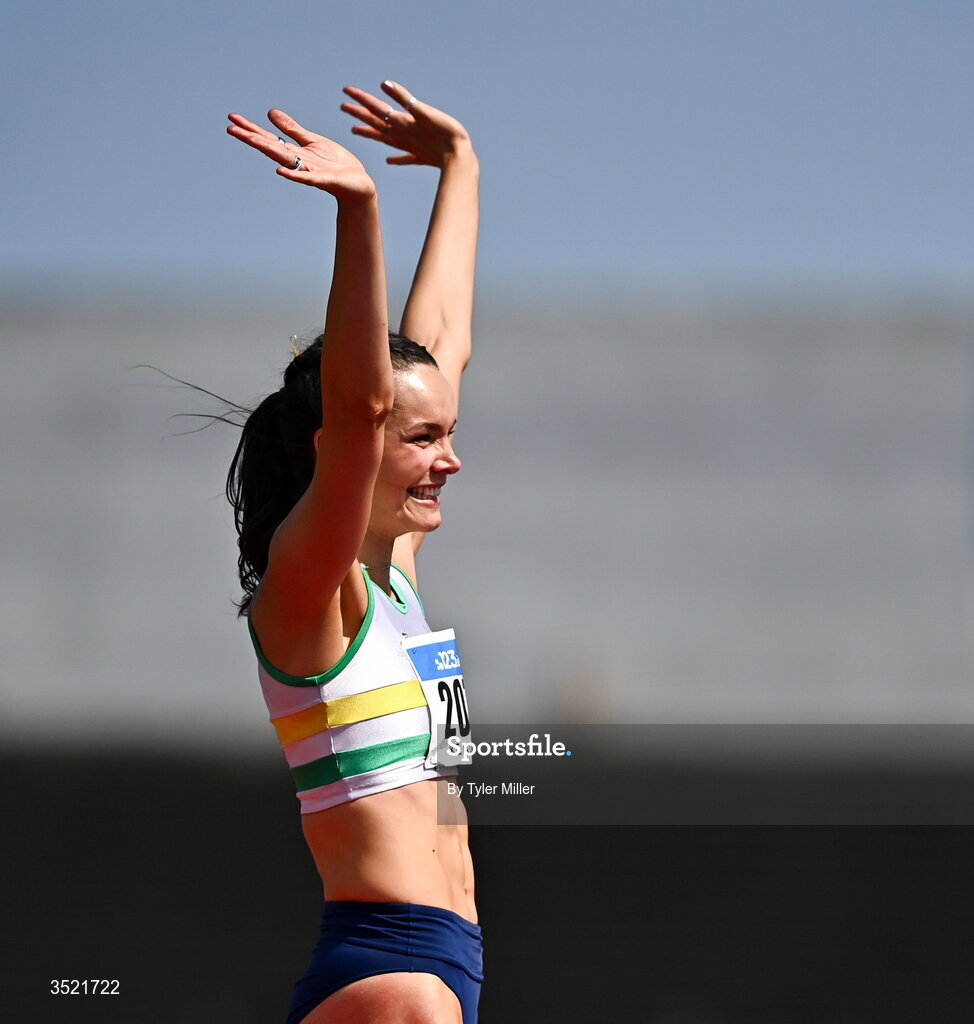 25 July 2026; Daena Kealy of St. Abbans A.C., Laois, celebrates after clearing 1.87m, a new personal best and national lead in the women's high jump during day one of the 123.ie National Senior Track & Field Championships 2026 at Morton Stadium in Dublin. Photo by Tyler Miller/Sportsfile