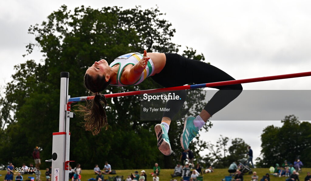 25 July 2026; Daena Kealy of St. Abbans A.C., Laois, competes in the women's high jump during day one of the 123.ie National Senior Track & Field Championships 2026 at Morton Stadium in Dublin. Photo by Tyler Miller/Sportsfile
