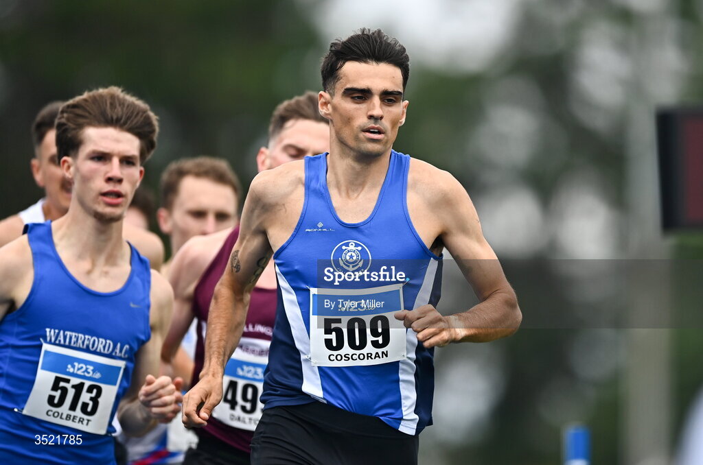 25 July 2026; Andrew Coscoran of Star of the Sea A.C., Meath, 509, competes in the men's 1500m heats during day one of the 123.ie National Senior Track & Field Championships 2026 at Morton Stadium in Dublin. Photo by Tyler Miller/Sportsfile