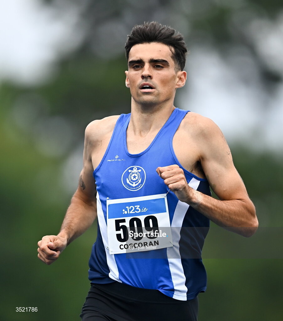 25 July 2026; Andrew Coscoran of Star of the Sea A.C., Meath, competes in the men's 1500m heats during day one of the 123.ie National Senior Track & Field Championships 2026 at Morton Stadium in Dublin. Photo by Tyler Miller/Sportsfile