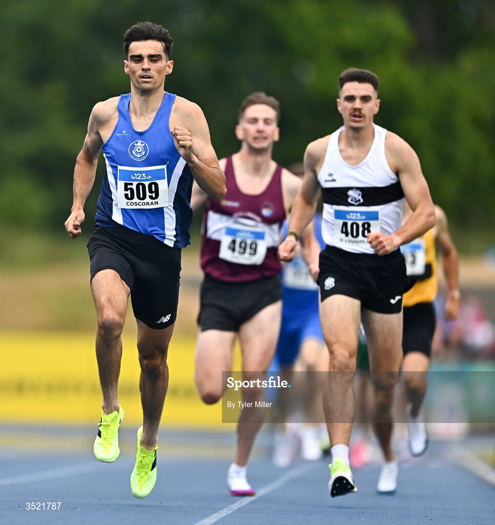 25 July 2026; Andrew Coscoran of Star of the Sea A.C., Meath, competes in the men's 1500m heats during day one of the 123.ie National Senior Track & Field Championships 2026 at Morton Stadium in Dublin. Photo by Tyler Miller/Sportsfile