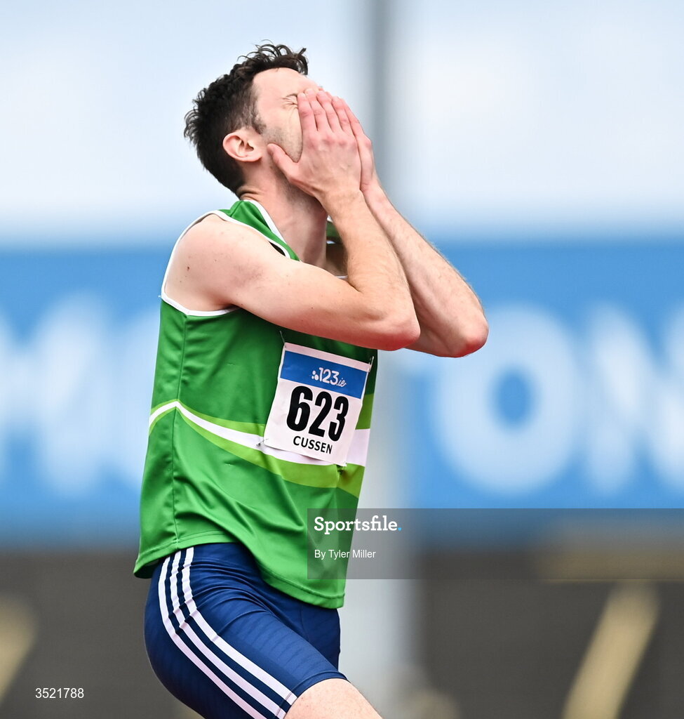 25 July 2026; David Cussen of Old Abbey A.C., Cork, reacts after failing to make a clearance in the men's high jump during day one of the 123.ie National Senior Track & Field Championships 2026 at Morton Stadium in Dublin. Photo by Tyler Miller/Sportsfile