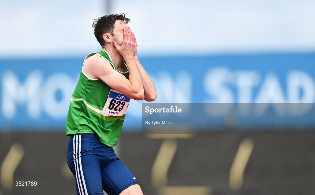 25 July 2026; David Cussen of Old Abbey A.C., Cork, reacts after failing to make a clearance in the men's high jump during day one of the 123.ie National Senior Track & Field Championships 2026 at Morton Stadium in Dublin. Photo by Tyler Miller/Sportsfile