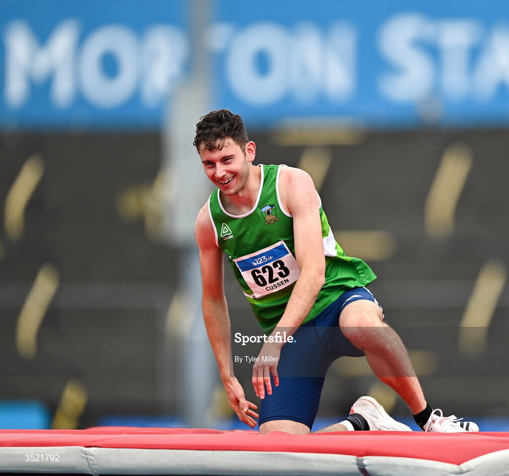 25 July 2026; David Cussen of Old Abbey A.C., Cork, reacts after failing to make a clearance in the men's high jump during day one of the 123.ie National Senior Track & Field Championships 2026 at Morton Stadium in Dublin. Photo by Tyler Miller/Sportsfile