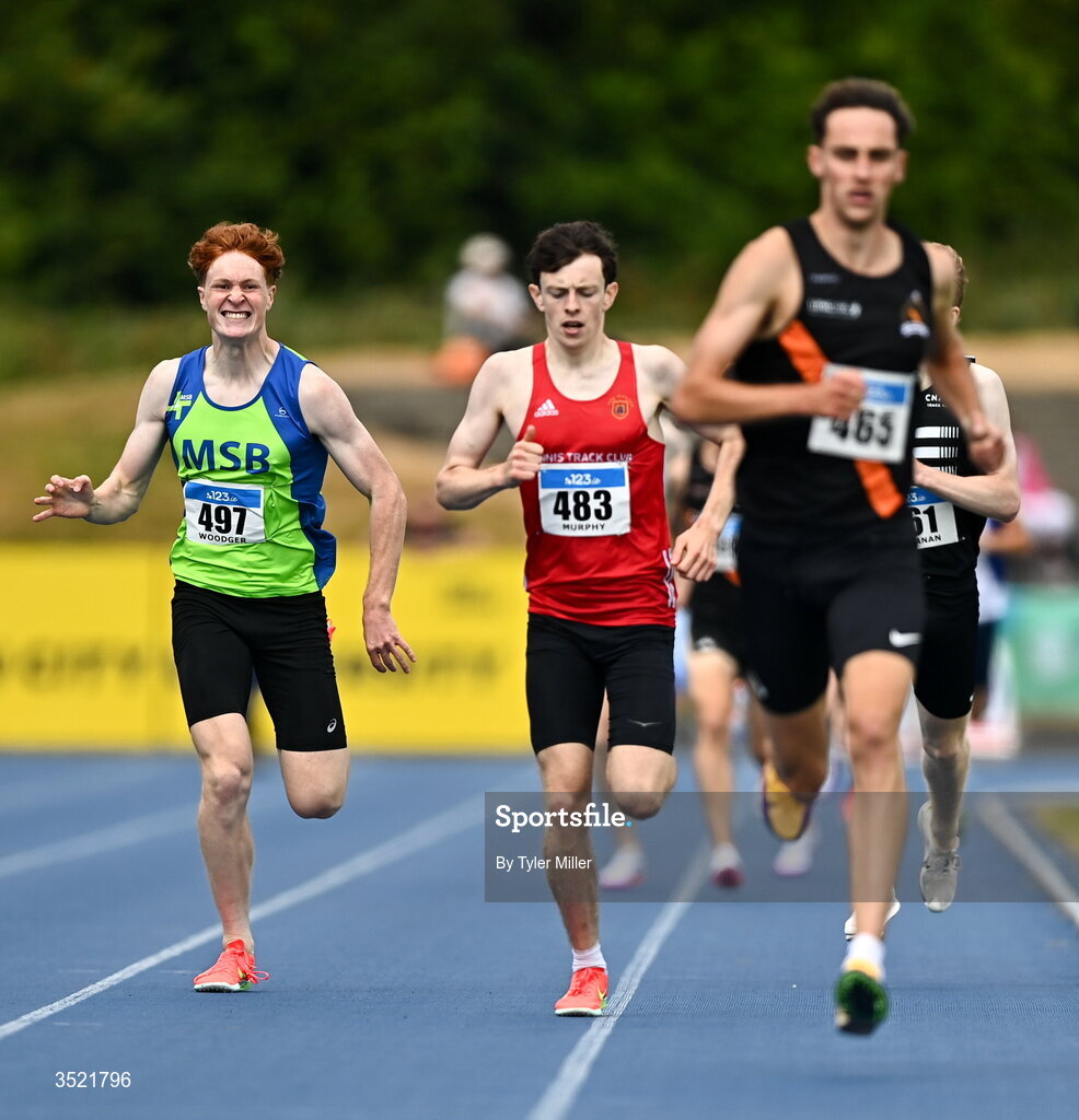 25 July 2026; Louie Woodger of Metro/St. Brigids A.C., Dublin, left, competes in the men's 1500m heats during day one of the 123.ie National Senior Track & Field Championships 2026 at Morton Stadium in Dublin. Photo by Tyler Miller/Sportsfile