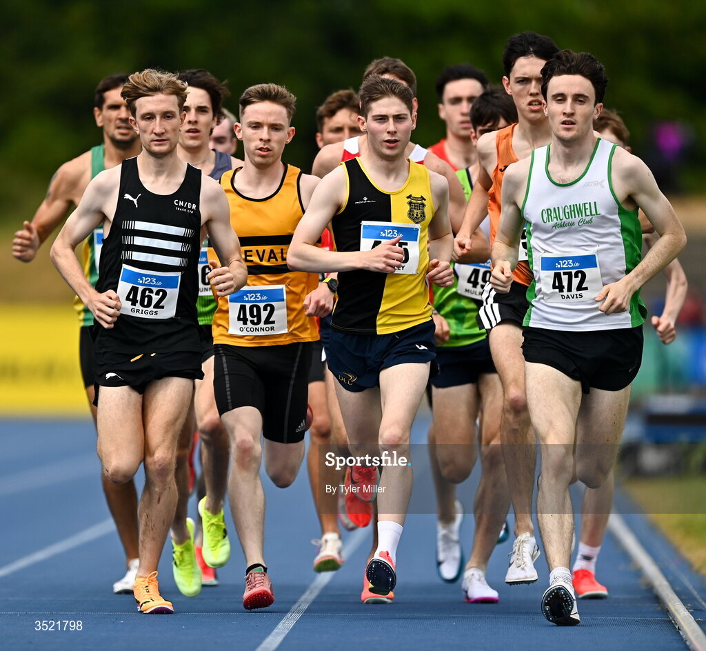 25 July 2026; Nick Griggs of CNDR Track A.C., Antrim, left, competes in the men's 1500m heats during day one of the 123.ie National Senior Track & Field Championships 2026 at Morton Stadium in Dublin. Photo by Tyler Miller/Sportsfile