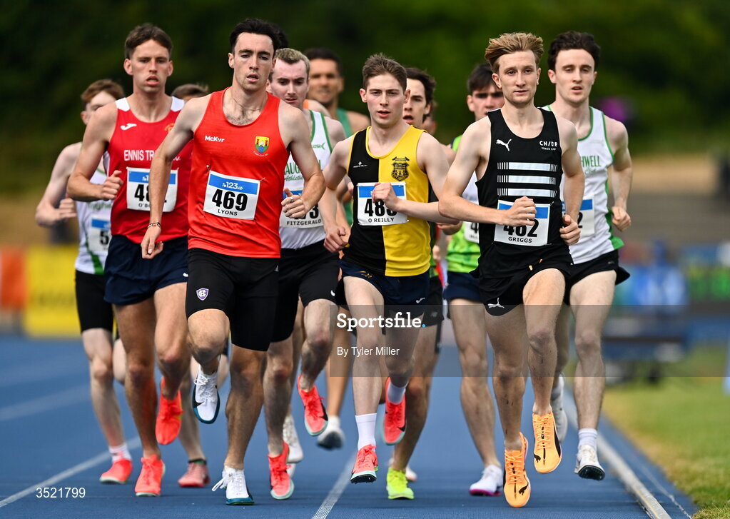 25 July 2026; Nick Griggs of CNDR Track A.C., Antrim, right, competes in the men's 1500m heats during day one of the 123.ie National Senior Track & Field Championships 2026 at Morton Stadium in Dublin. Photo by Tyler Miller/Sportsfile