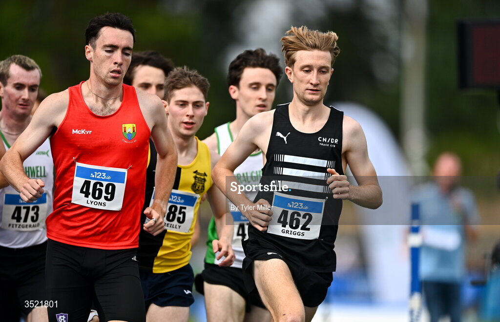 25 July 2026; Nick Griggs of CNDR Track A.C., Antrim, right, competes in the men's 1500m heats during day one of the 123.ie National Senior Track & Field Championships 2026 at Morton Stadium in Dublin. Photo by Tyler Miller/Sportsfile