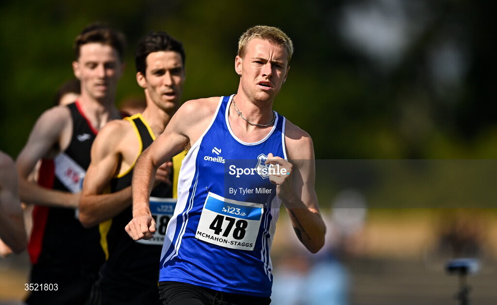 25 July 2026; Ronan Mcmahon-Staggs of Dublin City Harriers A.C., Dublin, competes in the men's 1500m heats during day one of the 123.ie National Senior Track & Field Championships 2026 at Morton Stadium in Dublin. Photo by Tyler Miller/Sportsfile