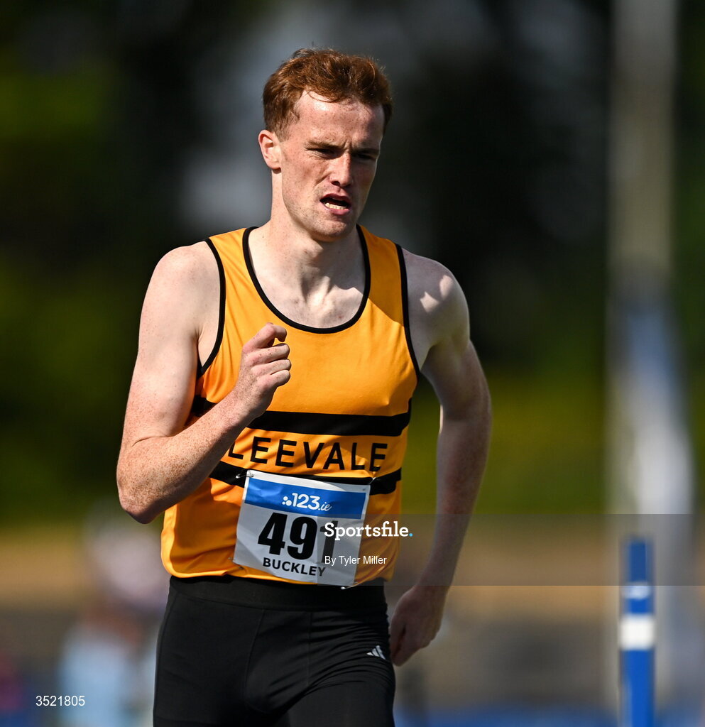 25 July 2026; Daniel Buckley of Leevale A.C., Cork, competes in the men's 1500m heats during day one of the 123.ie National Senior Track & Field Championships 2026 at Morton Stadium in Dublin. Photo by Tyler Miller/Sportsfile