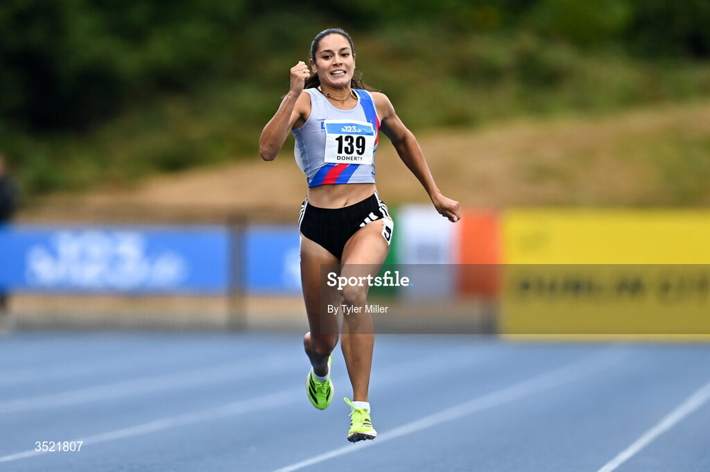 25 July 2026; Kate Doherty of Dundrum South Dublin A.C., Dublin, competes in the women's 400m heats during day one of the 123.ie National Senior Track & Field Championships 2026 at Morton Stadium in Dublin. Photo by Tyler Miller/Sportsfile