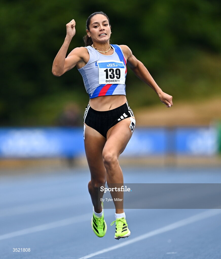 25 July 2026; Kate Doherty of Dundrum South Dublin A.C., Dublin, competes in the women's 400m heats during day one of the 123.ie National Senior Track & Field Championships 2026 at Morton Stadium in Dublin. Photo by Tyler Miller/Sportsfile
