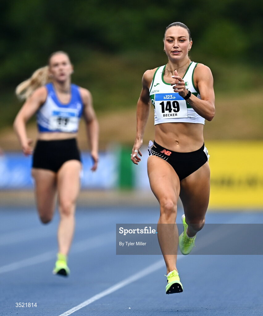 25 July 2026; Sophie Becker of Raheny Shamrock A.C., Dublin, competes in the women's 400m heats during day one of the 123.ie National Senior Track & Field Championships 2026 at Morton Stadium in Dublin. Photo by Tyler Miller/Sportsfile