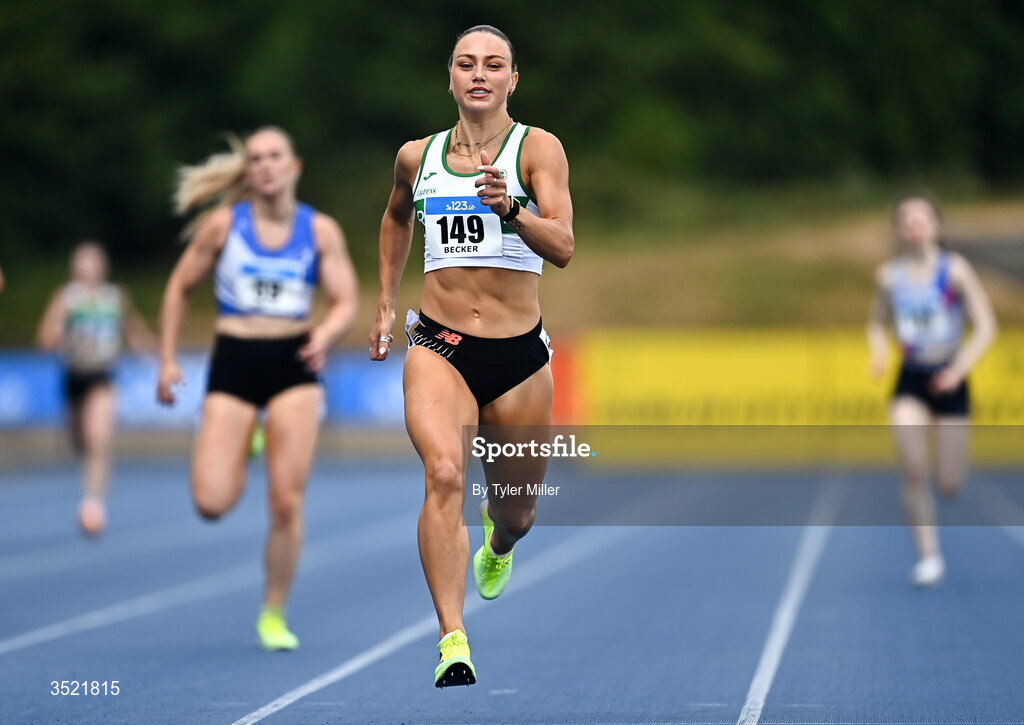 25 July 2026; Sophie Becker of Raheny Shamrock A.C., Dublin, competes in the women's 400m heats during day one of the 123.ie National Senior Track & Field Championships 2026 at Morton Stadium in Dublin. Photo by Tyler Miller/Sportsfile
