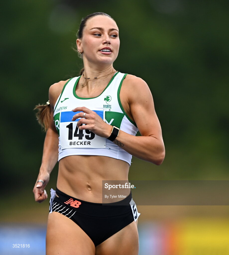 25 July 2026; Sophie Becker of Raheny Shamrock A.C., Dublin, competes in the women's 400m heats during day one of the 123.ie National Senior Track & Field Championships 2026 at Morton Stadium in Dublin. Photo by Tyler Miller/Sportsfile