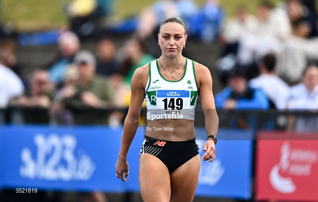 25 July 2026; Sophie Becker of Raheny Shamrock A.C., Dublin, before competing in the women's 400m heats during day one of the 123.ie National Senior Track & Field Championships 2026 at Morton Stadium in Dublin. Photo by Tyler Miller/Sportsfile