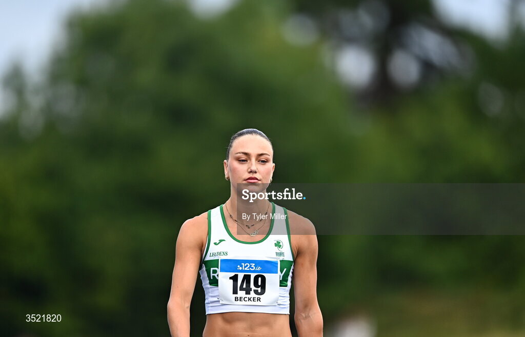 25 July 2026; Sophie Becker of Raheny Shamrock A.C., Dublin, before competing in the women's 400m heats during day one of the 123.ie National Senior Track & Field Championships 2026 at Morton Stadium in Dublin. Photo by Tyler Miller/Sportsfile