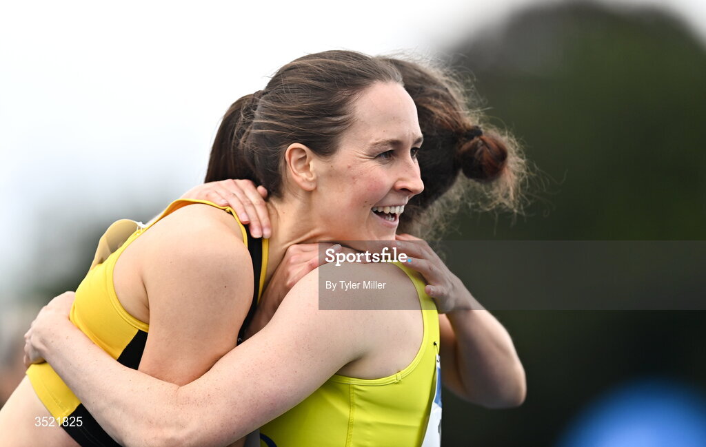 25 July 2026; Cliodhna Manning of Kilkenny City Harriers A.C., Kilkenny, left, with Michelle Duggan of U.C.D. A.C., Dublin, after competing in the women's 400m heats during day one of the 123.ie National Senior Track & Field Championships 2026 at Morton Stadium in Dublin. Photo by Tyler Miller/Sportsfile