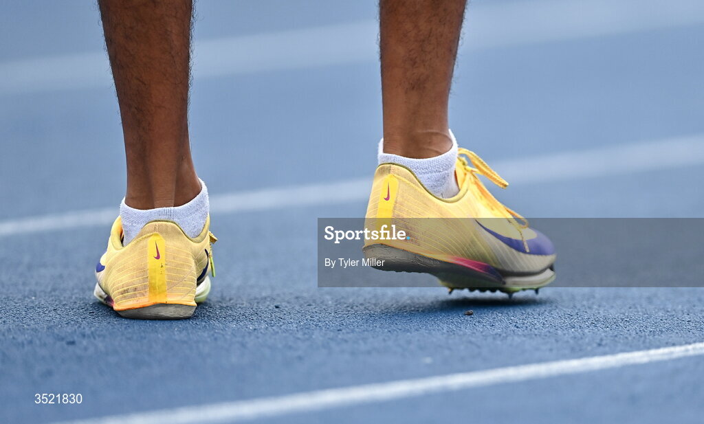 25 July 2026; The shoes of Sean Doggett of Athenry A.C., Galway, during day one of the 123.ie National Senior Track & Field Championships 2026 at Morton Stadium in Dublin. Photo by Tyler Miller/Sportsfile