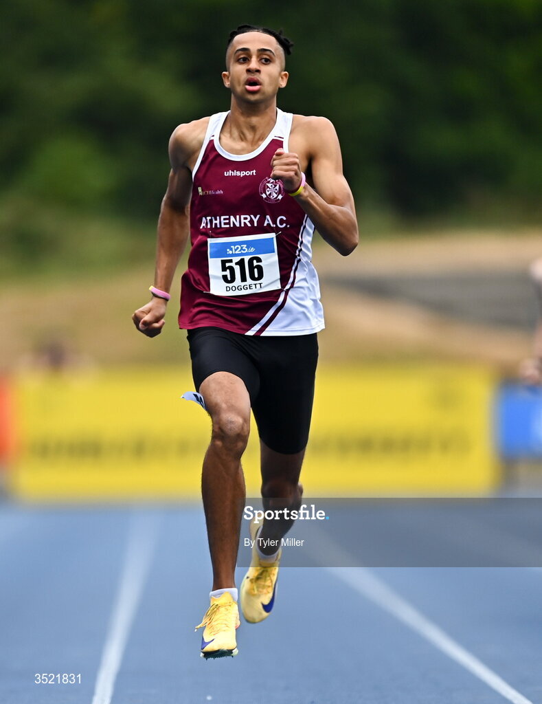 25 July 2026; Sean Doggett of Athenry A.C., Galway, competes in the men's 400m heats during day one of the 123.ie National Senior Track & Field Championships 2026 at Morton Stadium in Dublin. Photo by Tyler Miller/Sportsfile