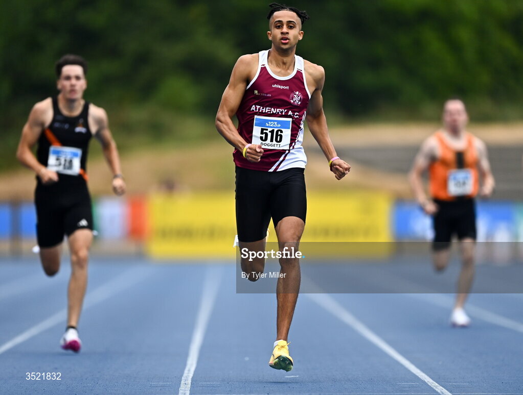 25 July 2026; Sean Doggett of Athenry A.C., Galway, competes in the men's 400m heats during day one of the 123.ie National Senior Track & Field Championships 2026 at Morton Stadium in Dublin. Photo by Tyler Miller/Sportsfile