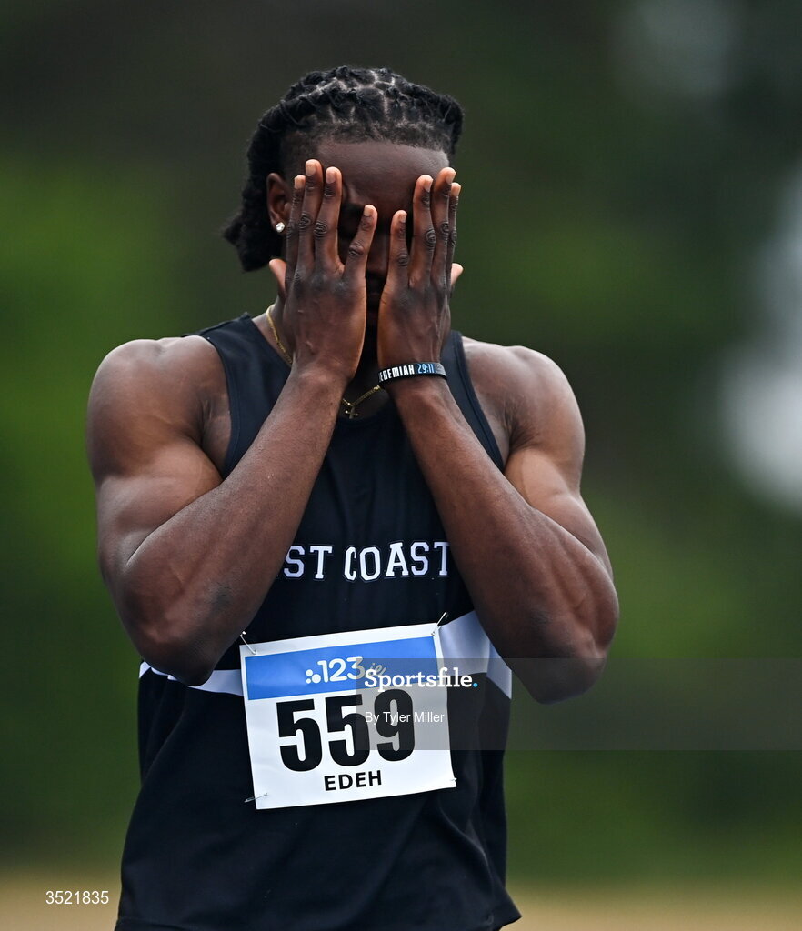 25 July 2026; Ben Edeh of West Coast A.C., Galway, before competing in the men's 400m heats during day one of the 123.ie National Senior Track & Field Championships 2026 at Morton Stadium in Dublin. Photo by Tyler Miller/Sportsfile