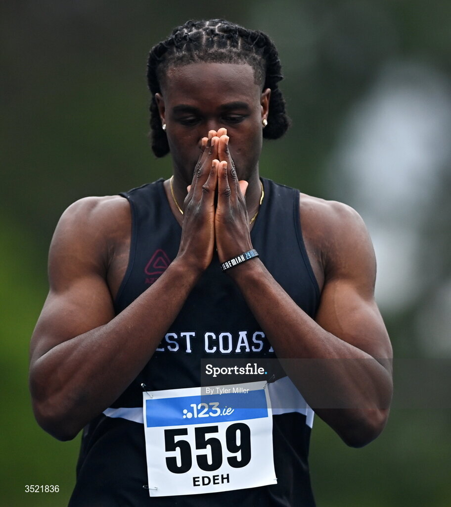 25 July 2026; Ben Edeh of West Coast A.C., Galway, before competing in the men's 400m heats during day one of the 123.ie National Senior Track & Field Championships 2026 at Morton Stadium in Dublin. Photo by Tyler Miller/Sportsfile