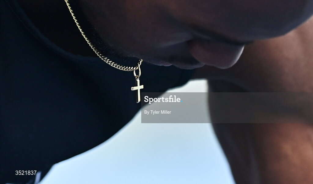 25 July 2026; A detailed view of the necklace of Ben Edeh of West Coast A.C., Galway, during day one of the 123.ie National Senior Track & Field Championships 2026 at Morton Stadium in Dublin. Photo by Tyler Miller/Sportsfile