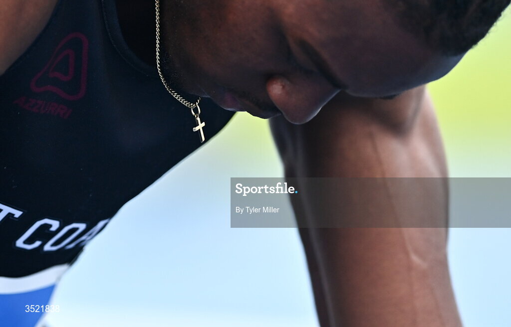25 July 2026; A detailed view of the necklace of Ben Edeh of West Coast A.C., Galway, during day one of the 123.ie National Senior Track & Field Championships 2026 at Morton Stadium in Dublin. Photo by Tyler Miller/Sportsfile