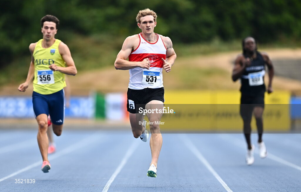 25 July 2026; Andrew Egan of Galway City Harriers A.C., Galway, competes in the men's 400m heats during day one of the 123.ie National Senior Track & Field Championships 2026 at Morton Stadium in Dublin. Photo by Tyler Miller/Sportsfile