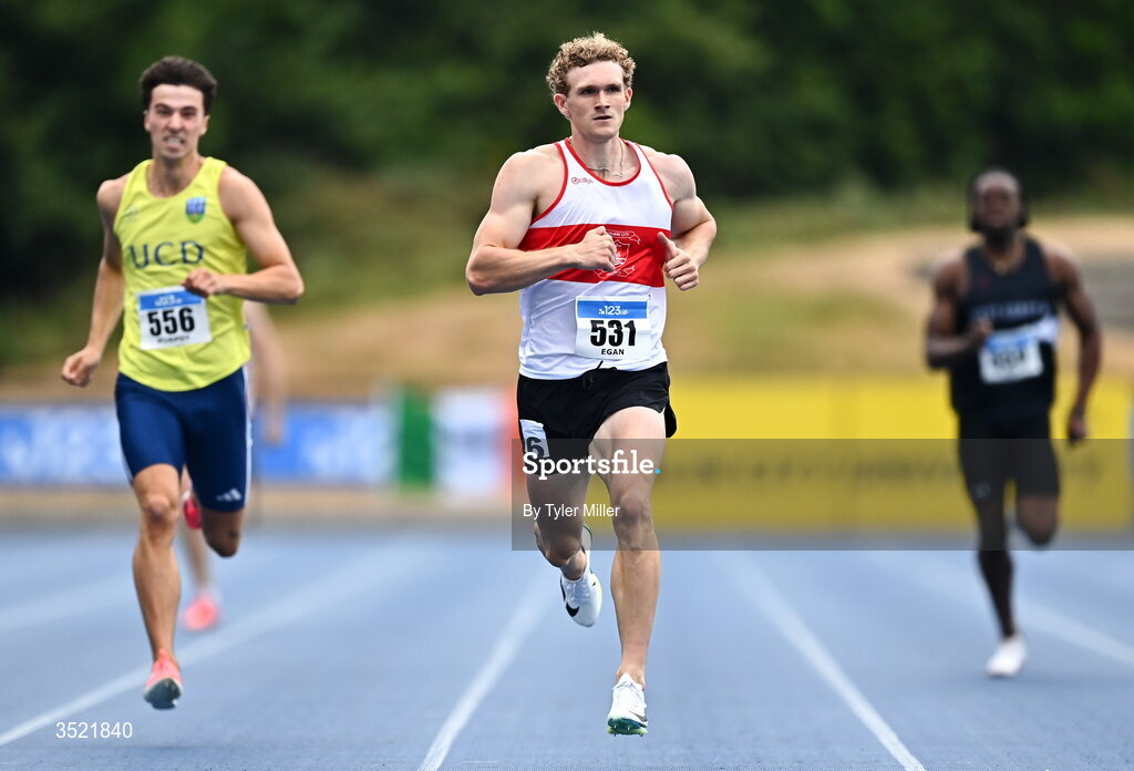 25 July 2026; Andrew Egan of Galway City Harriers A.C., Galway, competes in the men's 400m heats during day one of the 123.ie National Senior Track & Field Championships 2026 at Morton Stadium in Dublin. Photo by Tyler Miller/Sportsfile