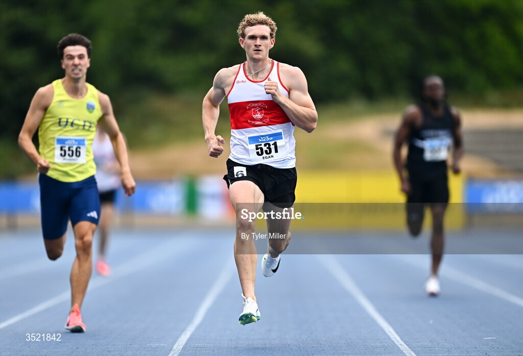 25 July 2026; Andrew Egan of Galway City Harriers A.C., Galway, competes in the men's 400m heats during day one of the 123.ie National Senior Track & Field Championships 2026 at Morton Stadium in Dublin. Photo by Tyler Miller/Sportsfile