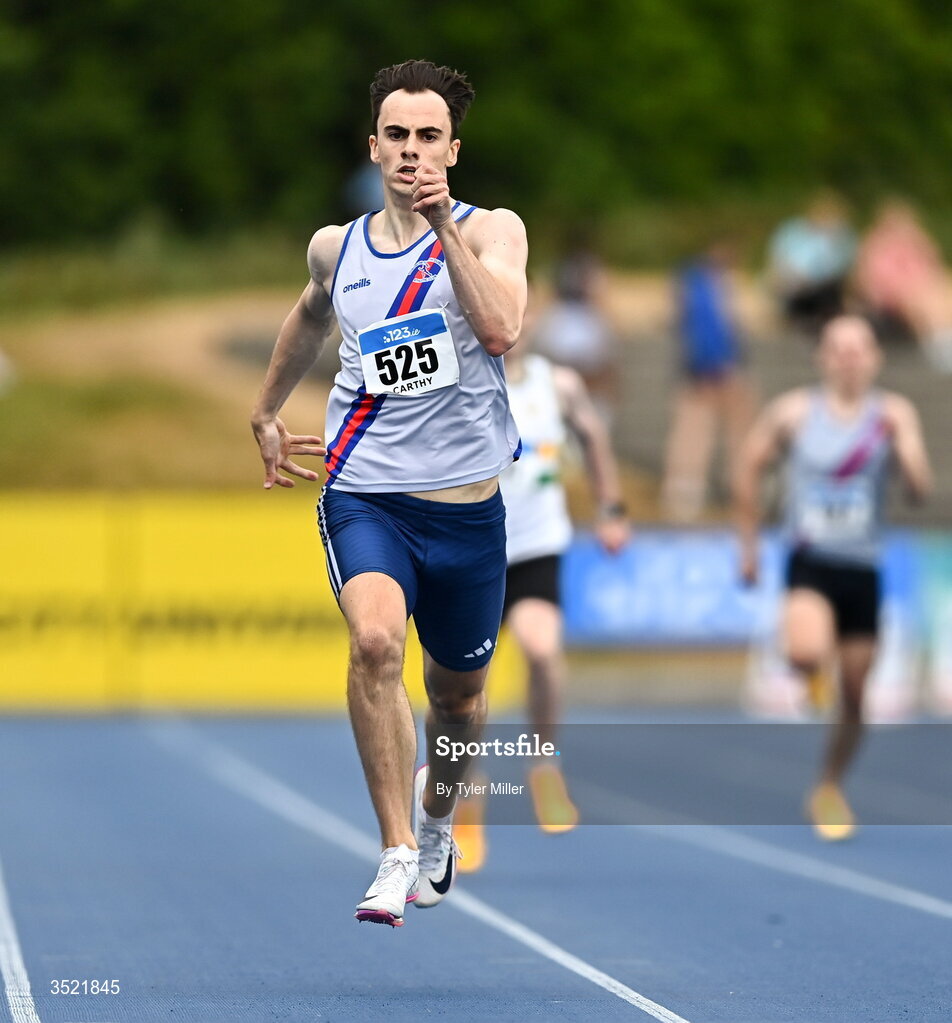 25 July 2026; Ciaran Carthy of Dundrum South Dublin A.C., Dublin, competes in the men's 400m heats during day one of the 123.ie National Senior Track & Field Championships 2026 at Morton Stadium in Dublin. Photo by Tyler Miller/Sportsfile