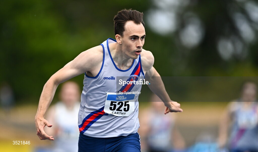 25 July 2026; Ciaran Carthy of Dundrum South Dublin A.C., Dublin, competes in the men's 400m heats during day one of the 123.ie National Senior Track & Field Championships 2026 at Morton Stadium in Dublin. Photo by Tyler Miller/Sportsfile
