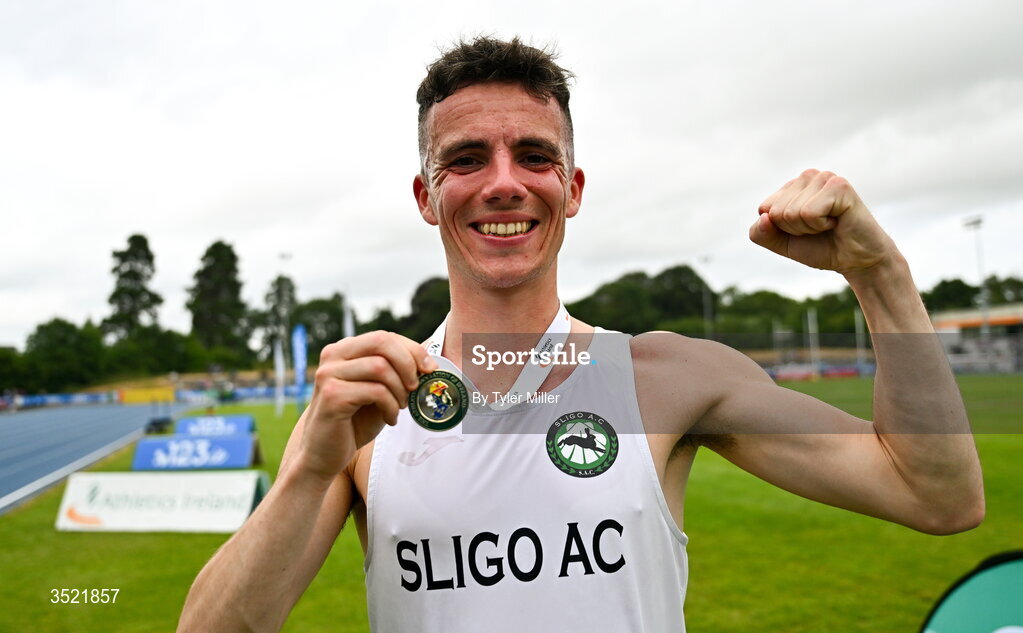 25 July 2026; Finley Daly of Sligo A.C., Sligo, after winning the men's 3000m steeplechase during day one of the 123.ie National Senior Track & Field Championships 2026 at Morton Stadium in Dublin. Photo by Tyler Miller/Sportsfile