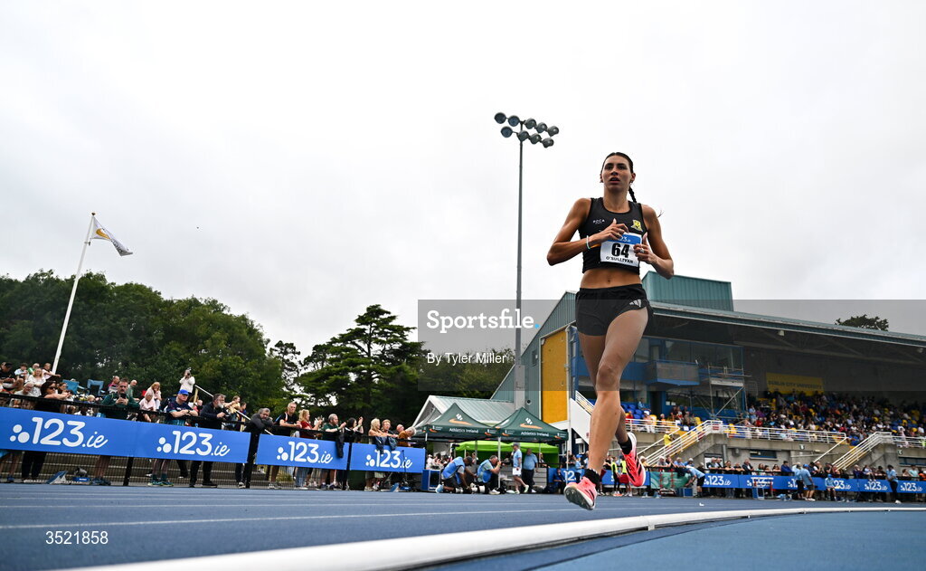 25 July 2026; Sophie O'Sullivan of Ballymore Cobh A.C., Cork, after winning in the women's 1500m heats during day one of the 123.ie National Senior Track & Field Championships 2026 at Morton Stadium in Dublin. Photo by Tyler Miller/Sportsfile