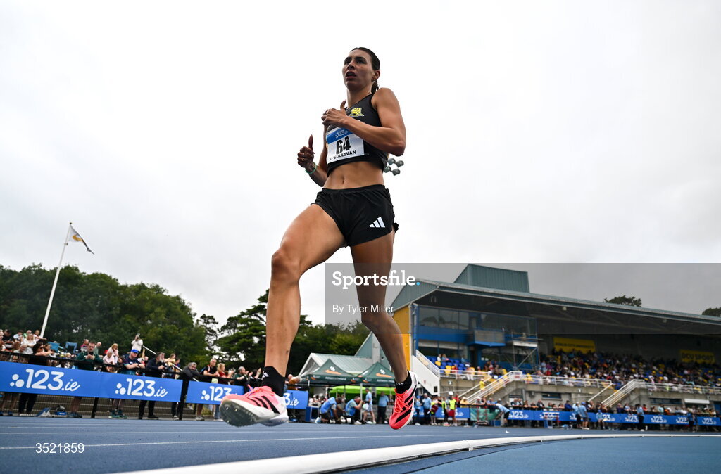 25 July 2026; Sophie O'Sullivan of Ballymore Cobh A.C., Cork, after winning in the women's 1500m heats during day one of the 123.ie National Senior Track & Field Championships 2026 at Morton Stadium in Dublin. Photo by Tyler Miller/Sportsfile