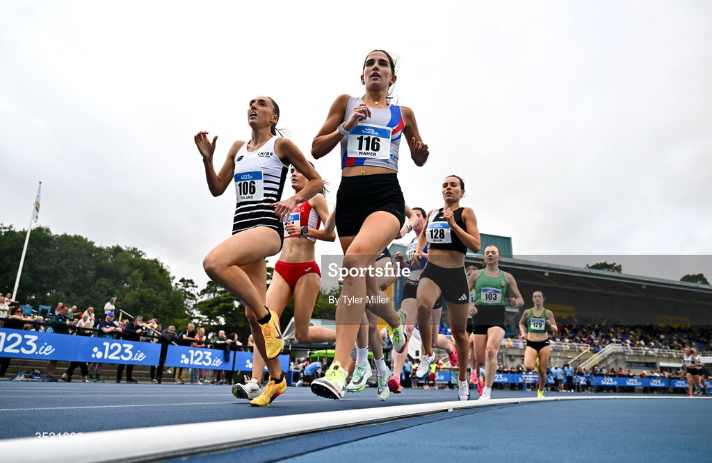 25 July 2026; Eimear Maher of Dundrum South Dublin A.C., Dublin, right, competes in the women's 1500m heats during day one of the 123.ie National Senior Track & Field Championships 2026 at Morton Stadium in Dublin. Photo by Tyler Miller/Sportsfile