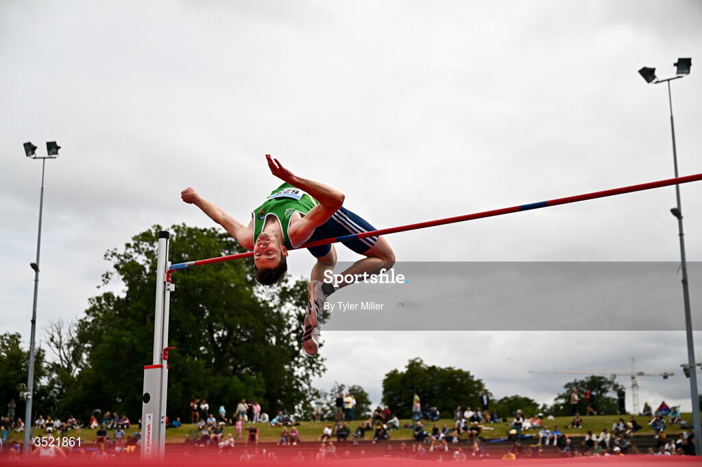 25 July 2026; David Cussen of Old Abbey A.C., Cork, competes in the men's high jump during day one of the 123.ie National Senior Track & Field Championships 2026 at Morton Stadium in Dublin. Photo by Tyler Miller/Sportsfile