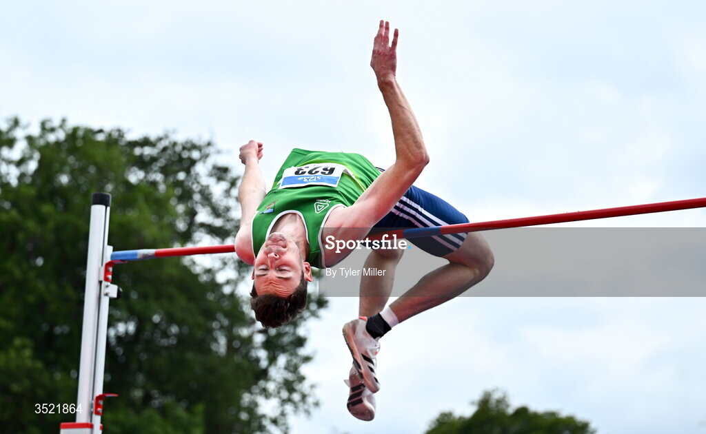 25 July 2026; David Cussen of Old Abbey A.C., Cork, competes in the men's high jump during day one of the 123.ie National Senior Track & Field Championships 2026 at Morton Stadium in Dublin. Photo by Tyler Miller/Sportsfile