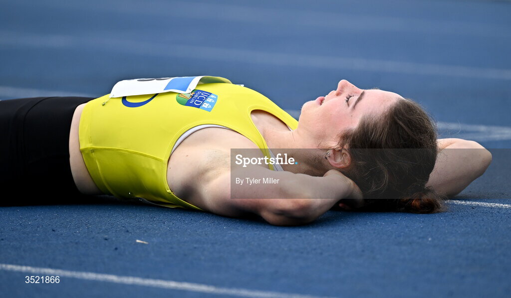 25 July 2026; Michelle Duggan of U.C.D. A.C., Dublin, after competing women's 400m heats during day one of the 123.ie National Senior Track & Field Championships 2026 at Morton Stadium in Dublin. Photo by Tyler Miller/Sportsfile