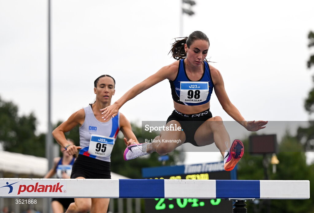 25 July 2026; Abbie Sheridan of St. Peter's A.C. competing in the 3000m steeplechase during day one of the 123.ie National Senior Track & Field Championships 2026 at Morton Stadium in Dublin. Photo by Mark Kavanagh/Sportsfile