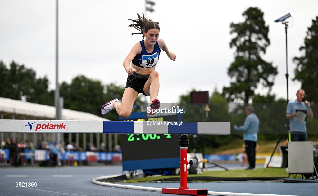 25 July 2026; Dearbhla Allen of St. Peter's A.C. competing in the 3000m steeplechase during day one of the 123.ie National Senior Track & Field Championships 2026 at Morton Stadium in Dublin. Photo by Mark Kavanagh/Sportsfile