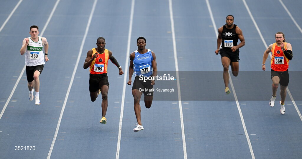 25 July 2026; Benjamin Richardson of Waterford A.C. leads the 200m final during day one of the 123.ie National Senior Track & Field Championships 2026 at Morton Stadium in Dublin. Photo by Mark Kavanagh/Sportsfile